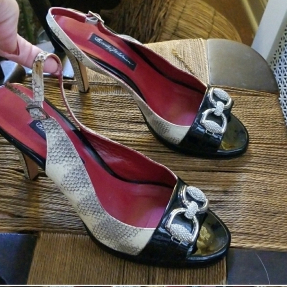 Beverly Feldman sling back Glam Rhinestone Open Toe Pumps 10 - Picture 8 of 8